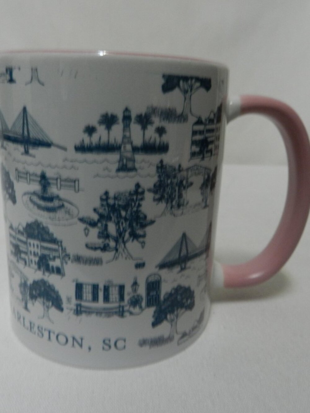 Charleston, SC South Carolina Toile ceramic mug cup blue pink white 12 oz - Picture 2 of 8